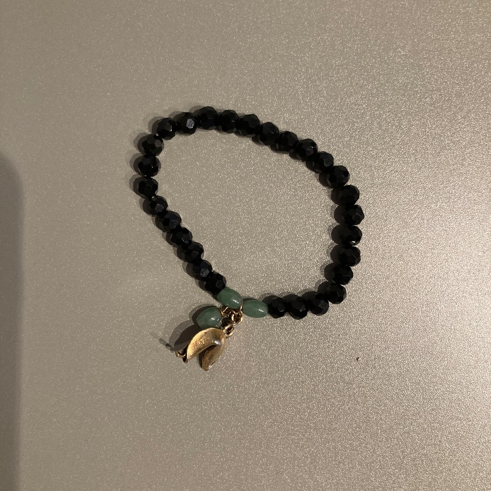 Onyx and Jade Beaded Bracelet with Fortune Cookie Charm